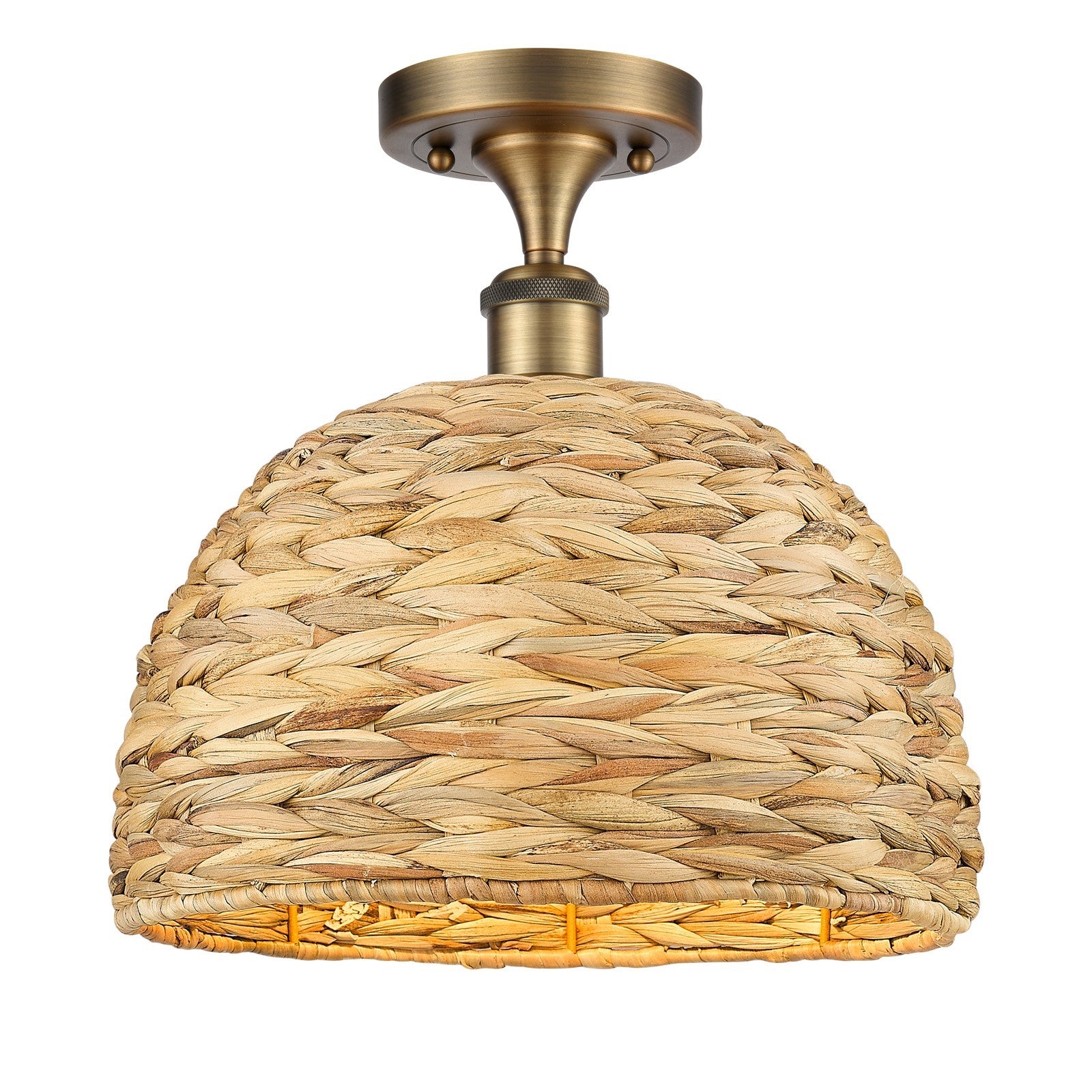 Innovations Woven Rattan 12in 1-Light Semi-Flush Mount | Industrial Brushed Brass Steel and Natural Rattan Dome Shade | Model 616-1F-BB-RBD-12-NAT