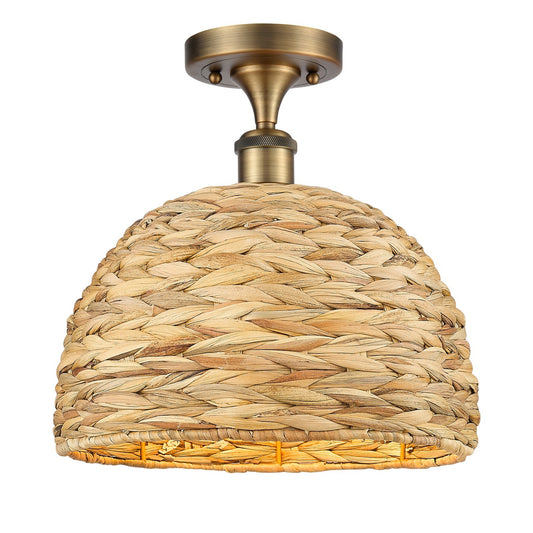 Innovations Woven Rattan 12in 1-Light Semi-Flush Mount | Industrial Brushed Brass Steel and Natural Rattan Dome Shade | Model 616-1F-BB-RBD-12-NAT