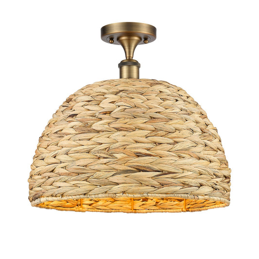 Innovations Woven Rattan 16in 1-Light Semi-Flush Mount | Industrial Brushed Brass Steel and Natural Rattan Shade | Damp-Rated | Model 616-1F-BB-RBD-16-NAT
