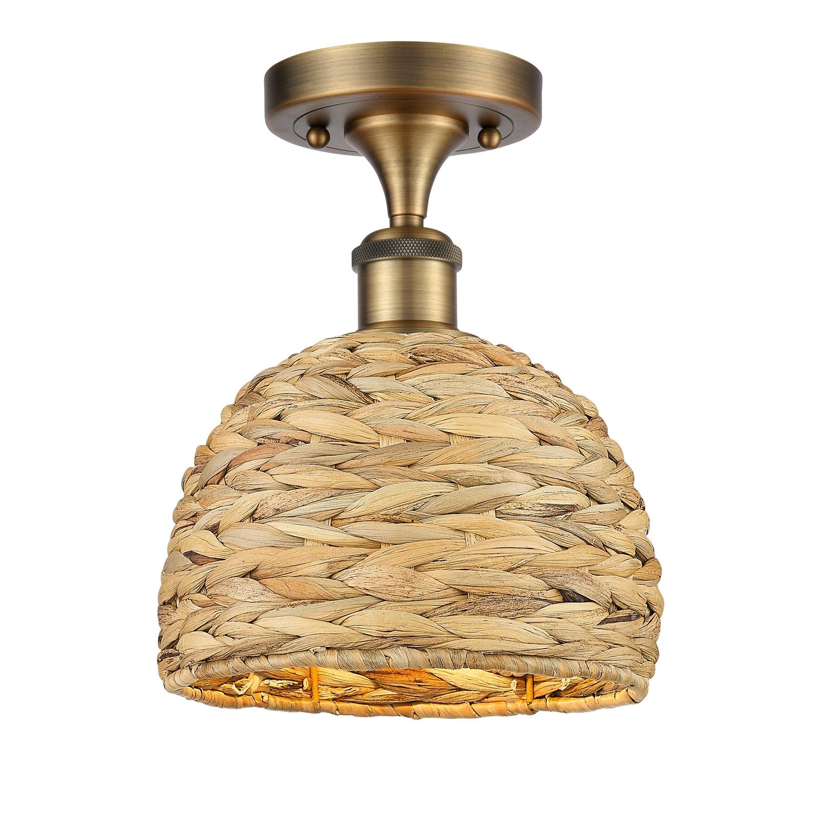 Innovations Woven Rattan 8in 1-Light Semi-Flush Mount | Rustic Farmhouse Brushed Brass and Natural Woven Rattan | Entryway & | Model 616-1F-BB-RBD-8-NAT