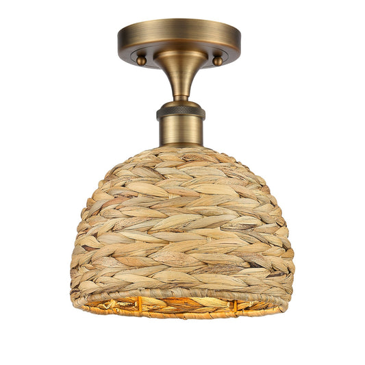 Innovations Woven Rattan 8in 1-Light Semi-Flush Mount | Rustic Farmhouse Brushed Brass and Natural Woven Rattan | Entryway & | Model 616-1F-BB-RBD-8-NAT