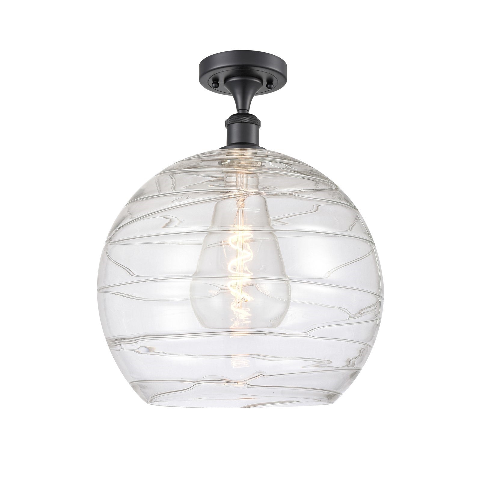 Innovations Athens Deco Swirl 14in 1-Light Semi-Flush Mount | Industrial Matte Black Steel and Clear Deco Swirl Glass | Model 616-1F-BK-G1213-14CL