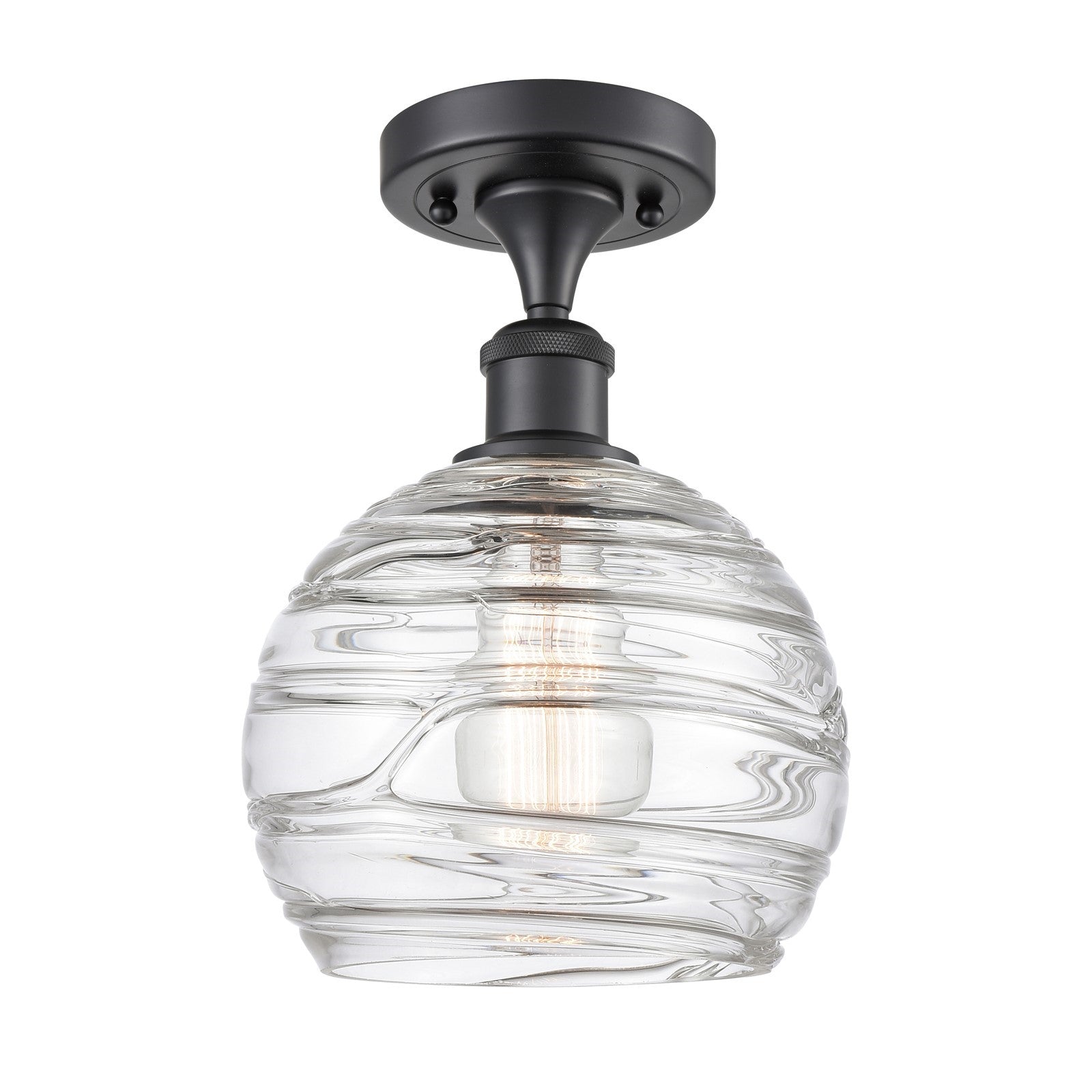 Innovations Athens Deco Swirl 8in 1-Light Semi-Flush Mount | Industrial Matte Black Steel and Clear Deco Swirl Glass | Model 616-1F-BK-G1213-8CL