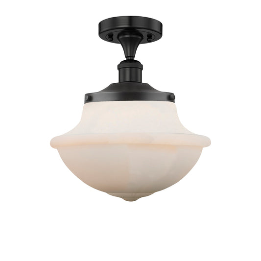 Innovations Oxford 1-Light 12in Semi-Flush Mount | Industrial Matte Black Steel and Matte White Frosted Glass | Kitchen & Hallway | Model 616-1F-BK-G541