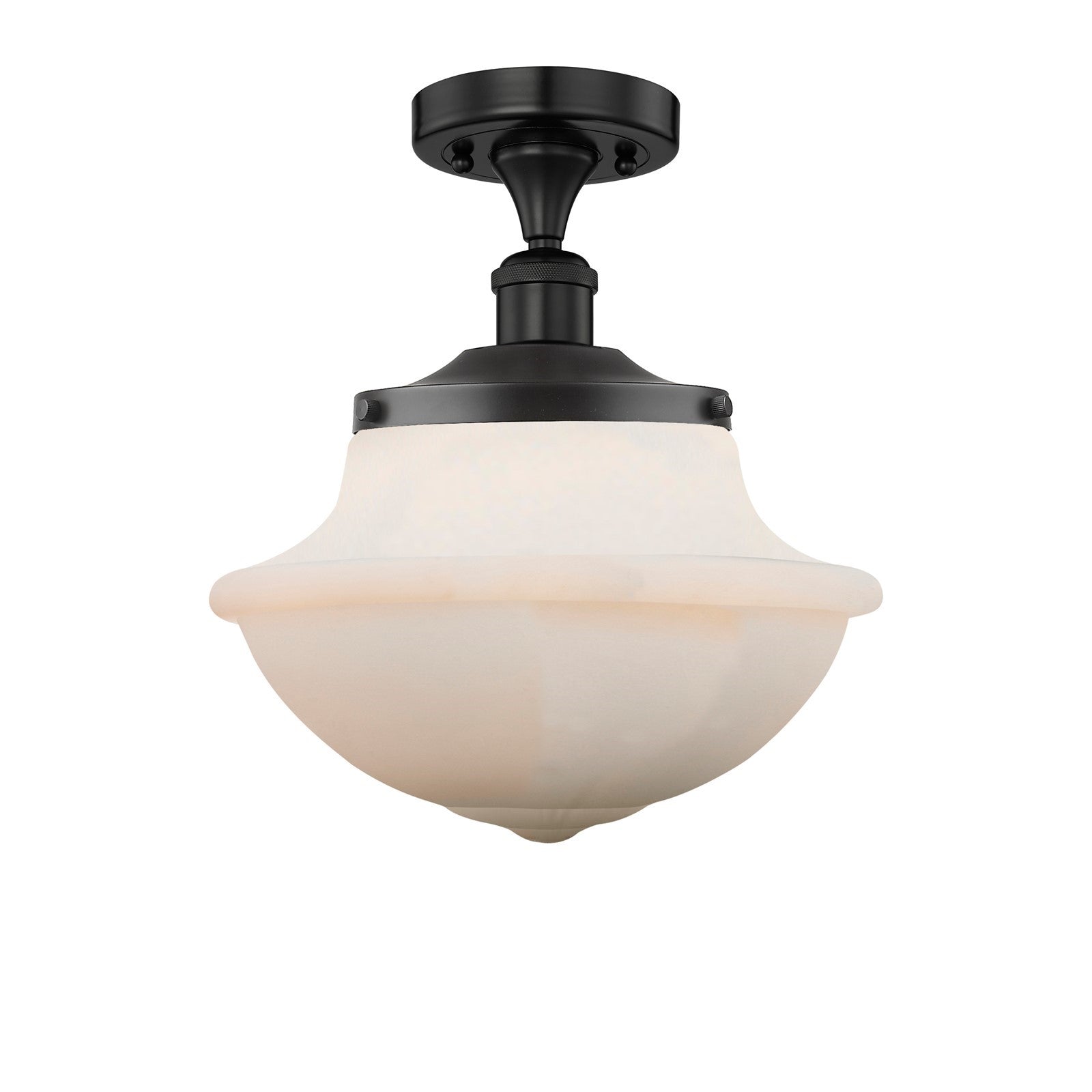 Innovations Oxford 1-Light 12in Semi-Flush Mount | Industrial Matte Black Steel and Matte White Frosted Glass | Kitchen & Hallway | Model 616-1F-BK-G541