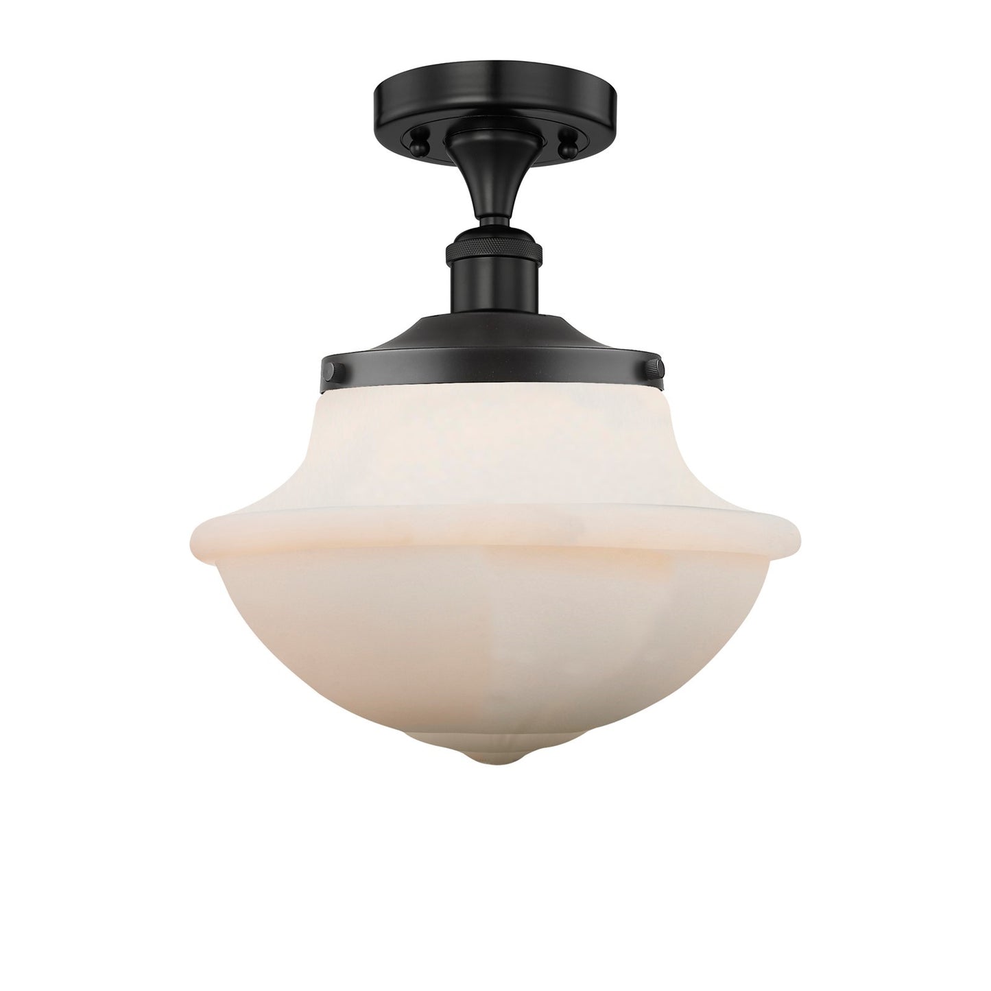 Innovations Oxford 1-Light 12in Semi-Flush Mount | Industrial Matte Black Steel and Matte White Frosted Glass | Kitchen & Hallway | Model 616-1F-BK-G541