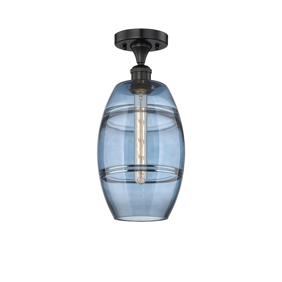 Innovations Vaz 8in 1-Light Semi-Flush Mount | Industrial Matte Black Steel and Princess Blue Glass | Hallway & Bedroom | Model 616-1F-BK-G557-8BL