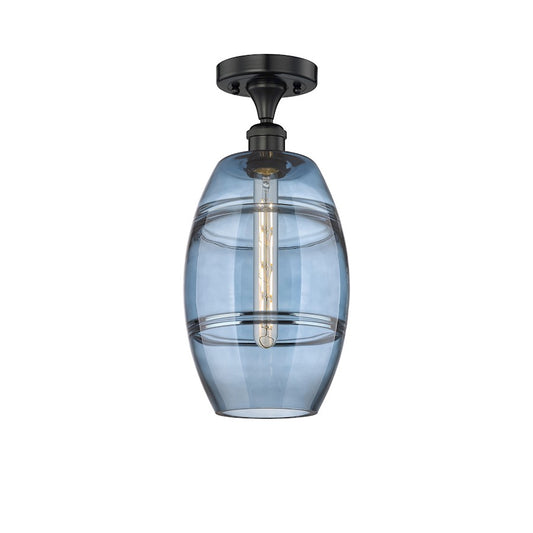 Innovations Vaz 8in 1-Light Semi-Flush Mount | Industrial Matte Black Steel and Princess Blue Glass | Hallway & Bedroom | Model 616-1F-BK-G557-8BL