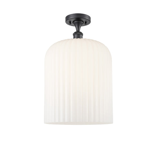 Innovations Bridal Veil 5in 1-Light Semi-Flush Mount | Industrial Matte Black Steel and Gloss White Ribbed Glass | Hallway & | Model 616-1F-BK-G559-12GWH