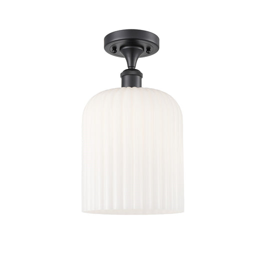 Innovations Bridal Veil 5in 1-Light Semi-Flush Mount | Industrial Matte Black Steel and Gloss White Ribbed Glass | Damp-Rated | Model 616-1F-BK-G559-8GWH