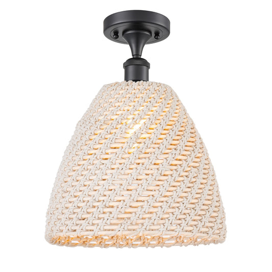 Innovations Bristol Natural 12in 1-Light Semi-Flush Mount | Farmhouse Matte Black Steel and Natural Fiber Dome Shade | Model 616-1F-BK-NBD-12-NAT