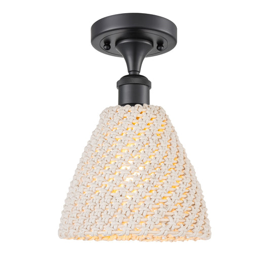 Innovations Bristol Natural 1-Light Semi-Flush Mount | Industrial Matte Black Steel and Natural Fiber Dome Shade | Entryway & | Model 616-1F-BK-NBD-75-NAT