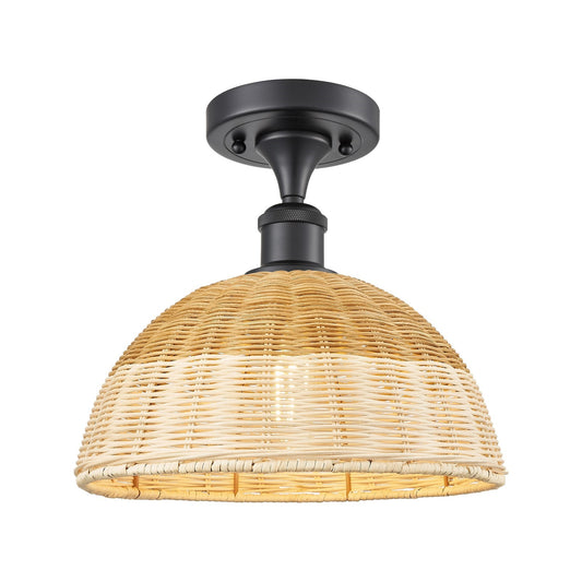 Innovations Bristol Natural II 12in 1-Light Semi-Flush Mount | Industrial Matte Black Steel and Natural Fiber Dome Shade | Model 616-1F-BK-NBD2-12-NAT