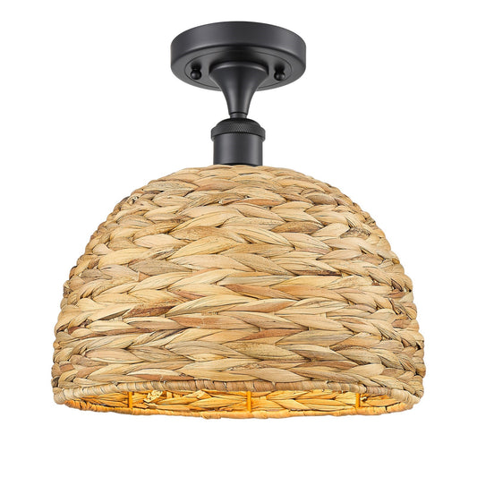 Innovations Woven Rattan 12in 1-Light Semi-Flush | Industrial Matte Black Steel and Natural Fiber Dome Shade | Entryway & | Model 616-1F-BK-RBD-12-NAT