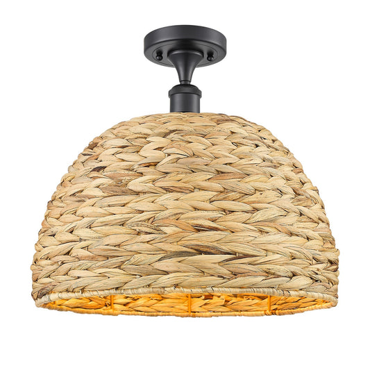 Innovations Woven Rattan 16in 1-Light Semi-Flush Mount | Industrial Matte Black Steel and Natural Fiber Shade | Kitchen & | Model 616-1F-BK-RBD-16-NAT