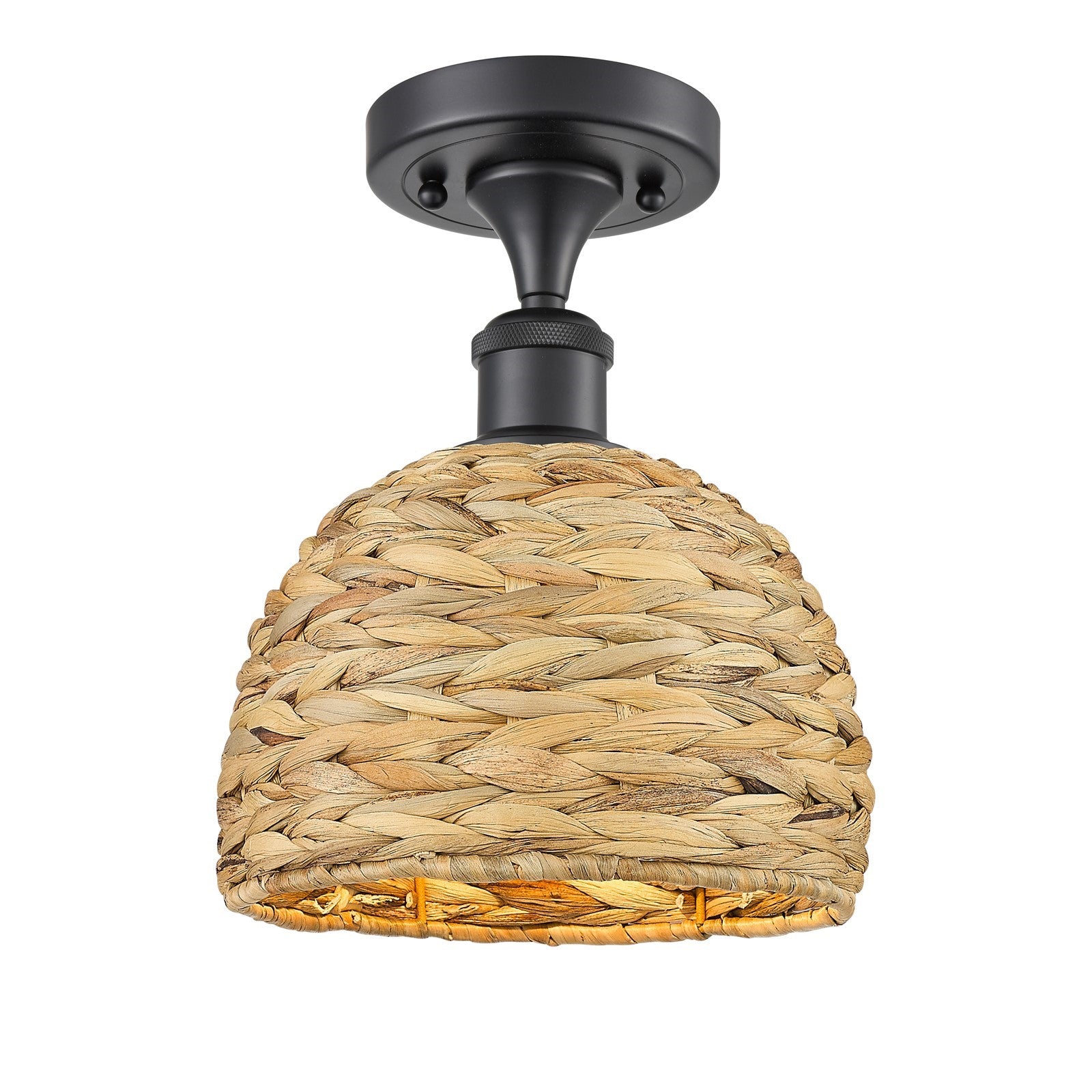 Innovations Woven Rattan 8in 1-Light Semi-Flush Mount | Rustic Farmhouse Matte Black Steel and Natural Woven Rattan | Entryway | Model 616-1F-BK-RBD-8-NAT