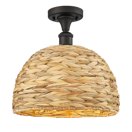 Innovations Woven Rattan 12in 1-Light Semi-Flush Mount | Industrial Oil Rubbed Bronze Steel and Natural Fiber Dome Shade | Model 616-1F-OB-RBD-12-NAT