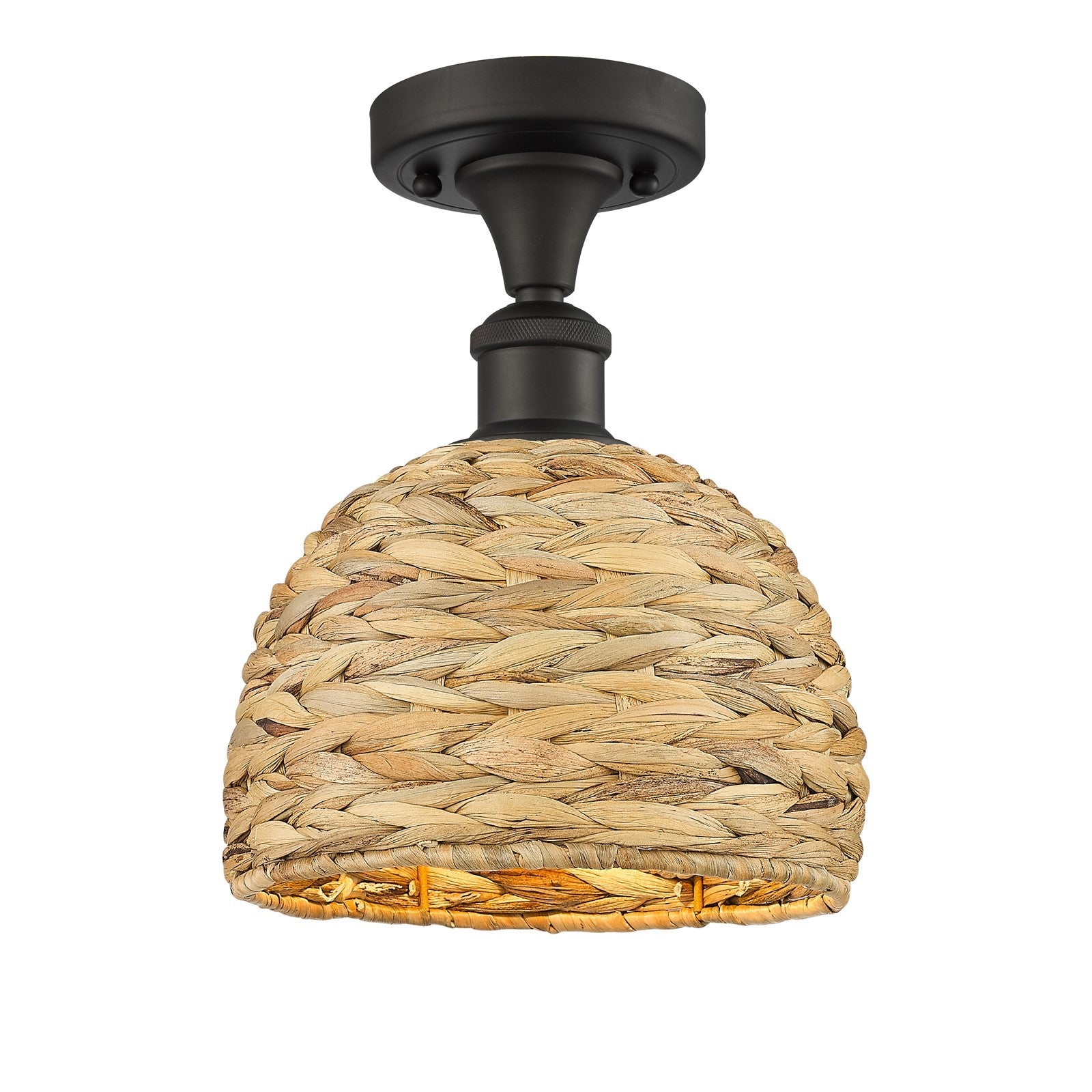 Innovations Woven Rattan 8in 1-Light Semi-Flush Mount | Rustic Oil Rubbed Bronze and Natural Woven Rattan | Damp-Rated | Model 616-1F-OB-RBD-8-NAT
