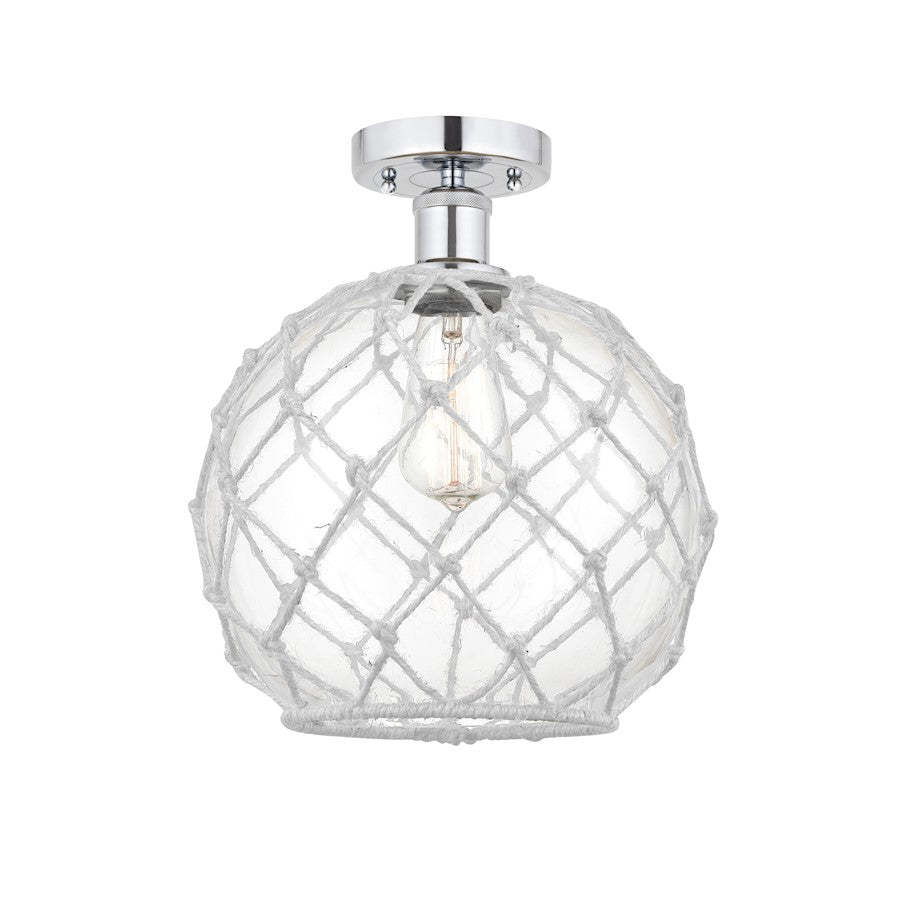 Innovations Edison Farmhouse Rope 10in 1-Light Semi-Flush Mount | Industrial Polished Chrome Steel and Clear Glass with White | Model 616-1F-PC-G122-10RW