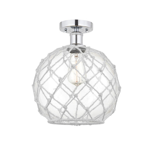 Innovations Edison Farmhouse Rope 10in 1-Light Semi-Flush Mount | Industrial Polished Chrome Steel and Clear Glass with White | Model 616-1F-PC-G122-10RW