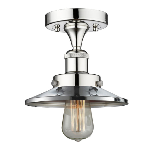 Innovations Railroad 8in 1-Light Semi-Flush Mount | Traditional Industrial Polished Chrome Steel and Metal Shade | Entryway & Hallway | Model 616-1F-PC-M7