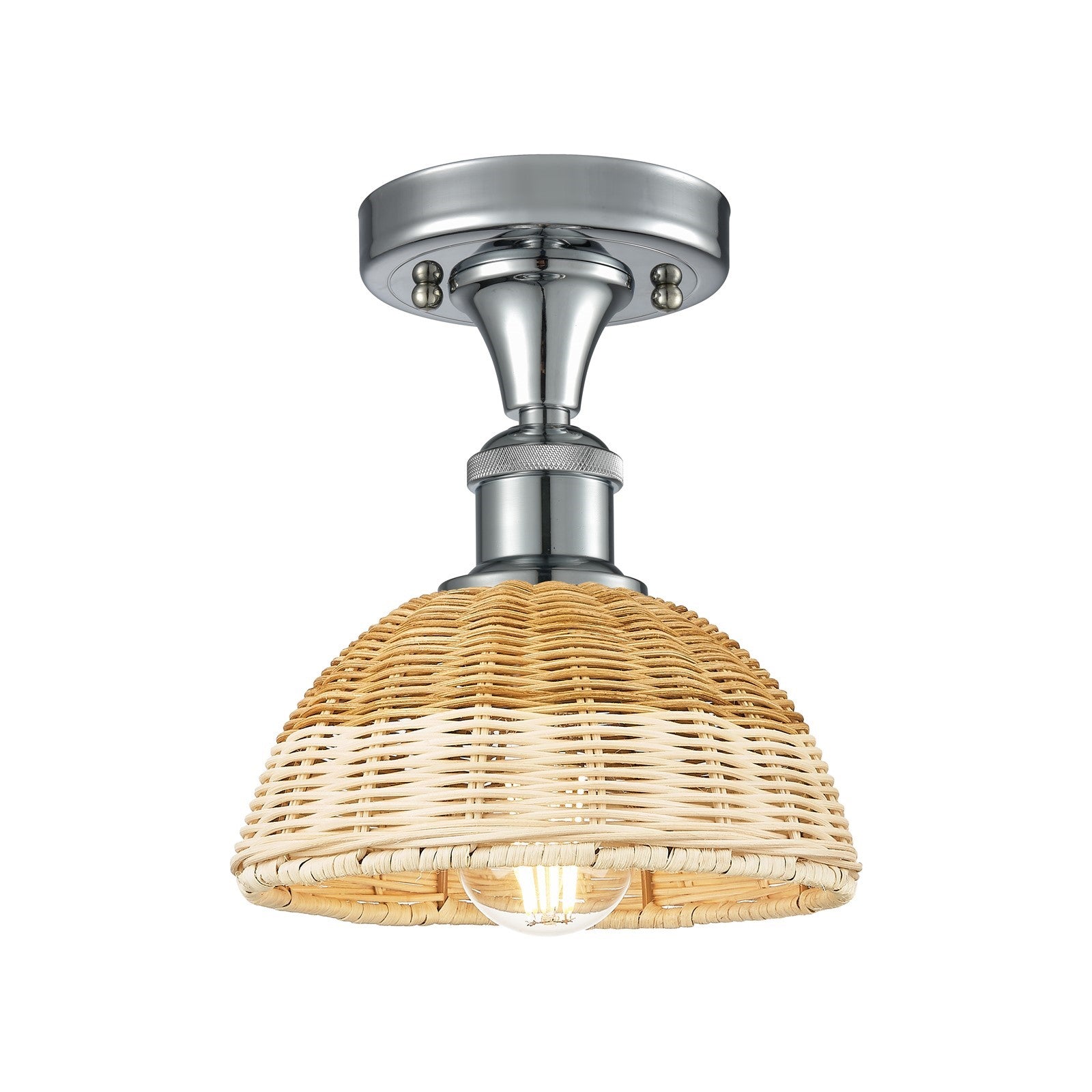Innovations Bristol Natural II 8in 1-Light Semi-Flush Mount | Industrial Polished Chrome and Natural Fiber Shade | Damp | Model 616-1F-PC-NBD2-75-NAT