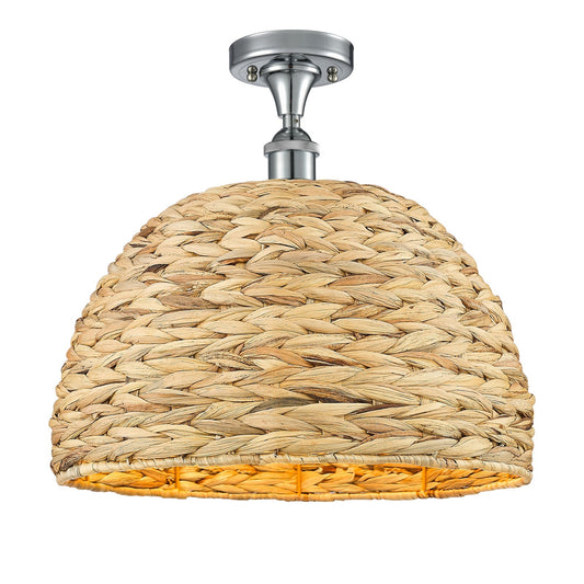 Innovations Woven Rattan 16in 1-Light Semi-Flush Mount | Industrial Polished Chrome and Natural Fiber Dome Shade | Damp Rated | Model 616-1F-PC-RBD-16-NAT