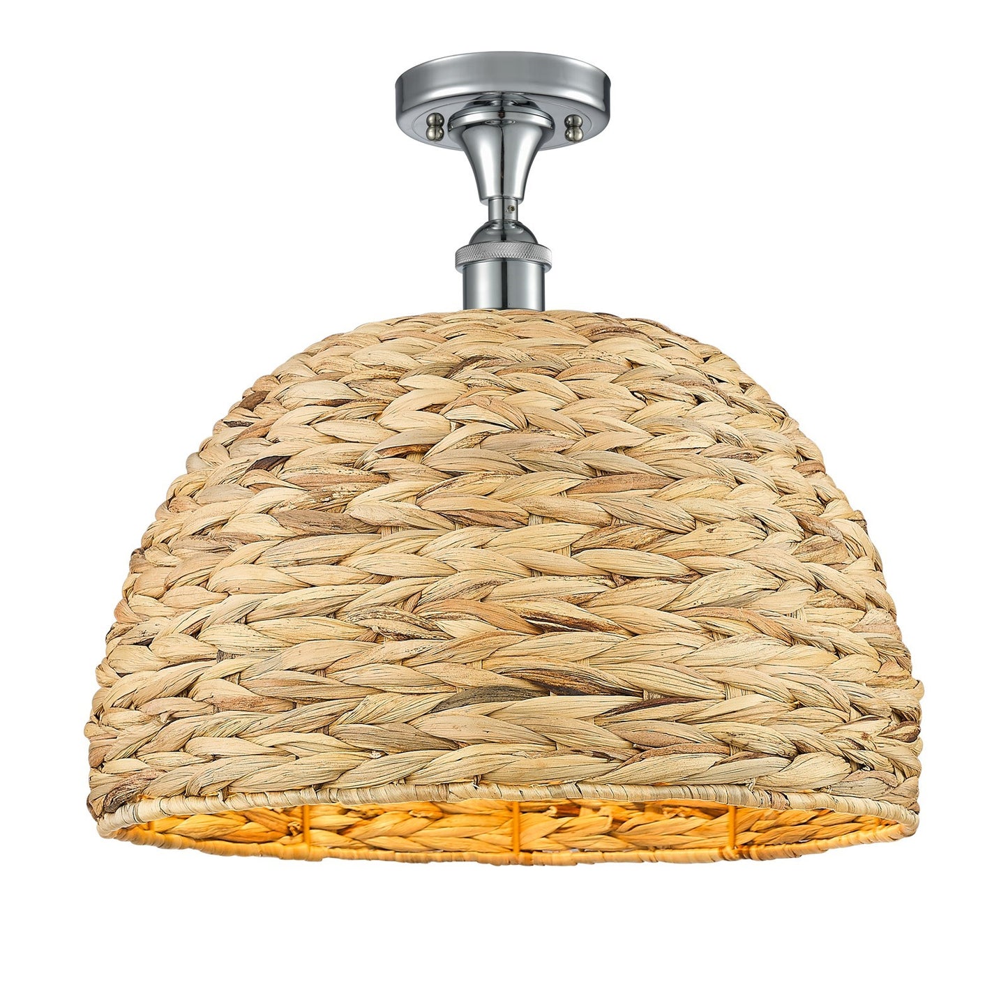 Innovations Woven Rattan 16in 1-Light Semi-Flush Mount | Industrial Polished Chrome and Natural Fiber Dome Shade | Damp Rated | Model 616-1F-PC-RBD-16-NAT