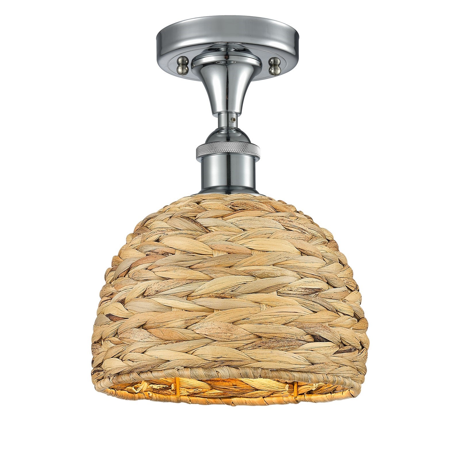 Innovations Woven Rattan 8in 1-Light Semi-Flush Mount | Rustic Polished Chrome Steel and Natural Woven Rattan | Entryway & | Model 616-1F-PC-RBD-8-NAT