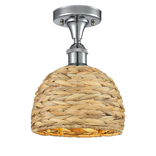 Innovations Woven Rattan 8in 1-Light Semi-Flush Mount | Rustic Polished Chrome Steel and Natural Woven Rattan | Entryway & | Model 616-1F-PC-RBD-8-NAT