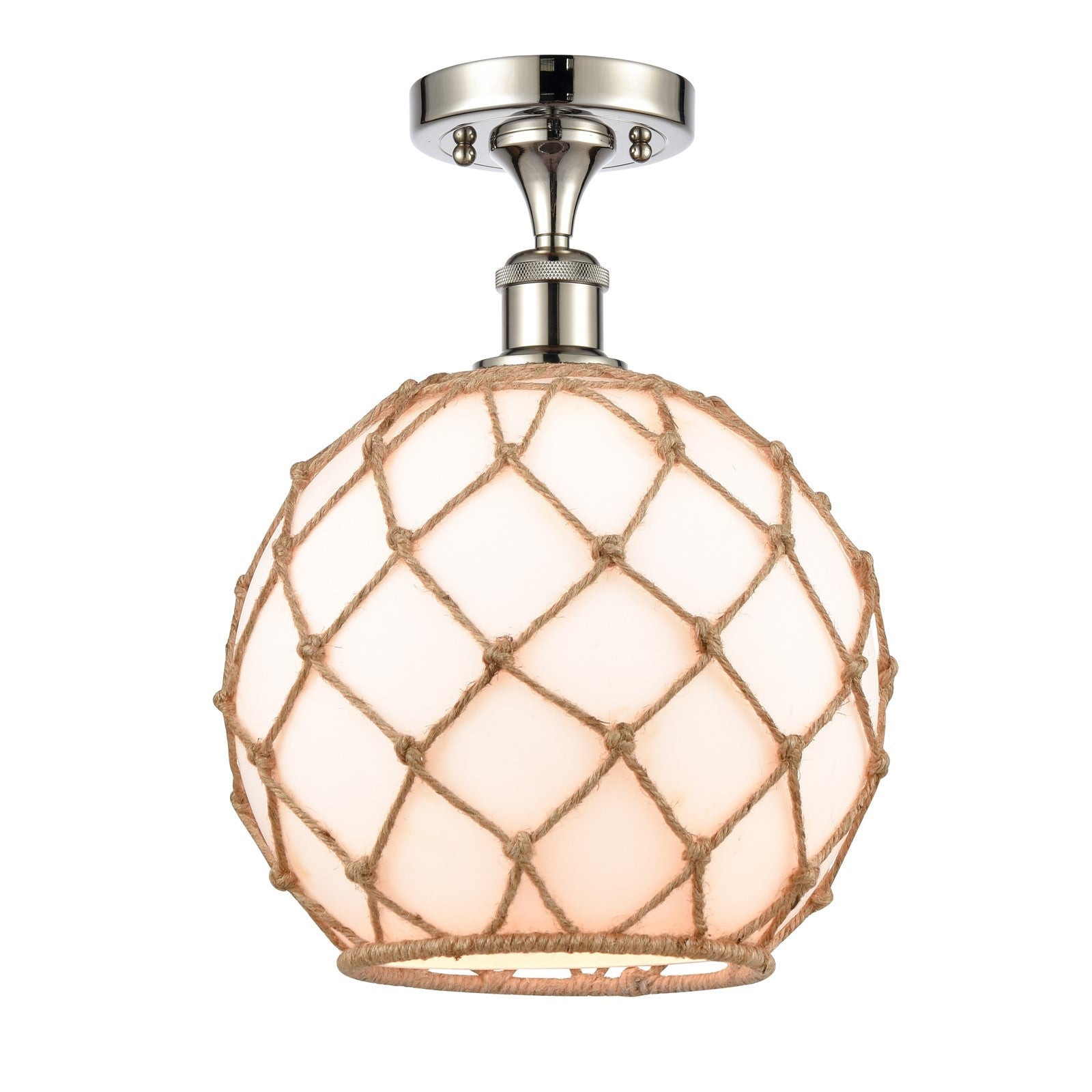 Innovations Farmhouse Rope 10in 1-Light Semi-Flush Mount | Industrial Polished Nickel and Matte White Glass with Brown Rope | Model 616-1F-PN-G121-10RB