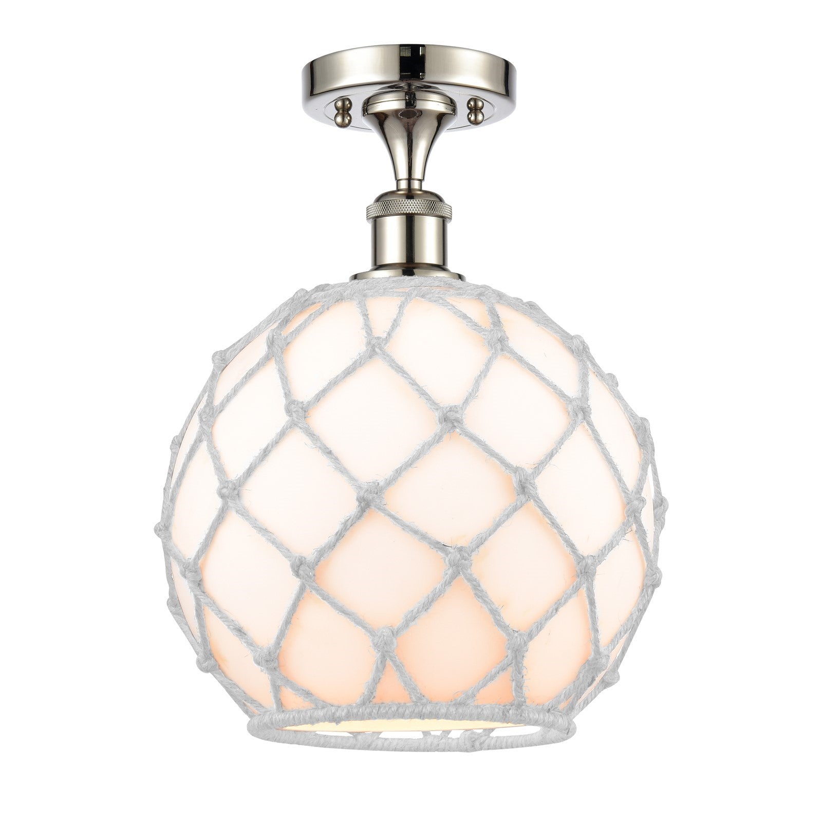 Innovations Farmhouse Rope 10in 1-Light Semi-Flush Mount | Industrial Polished Nickel and White Glass with White Rope Shade | Model 616-1F-PN-G121-10RW