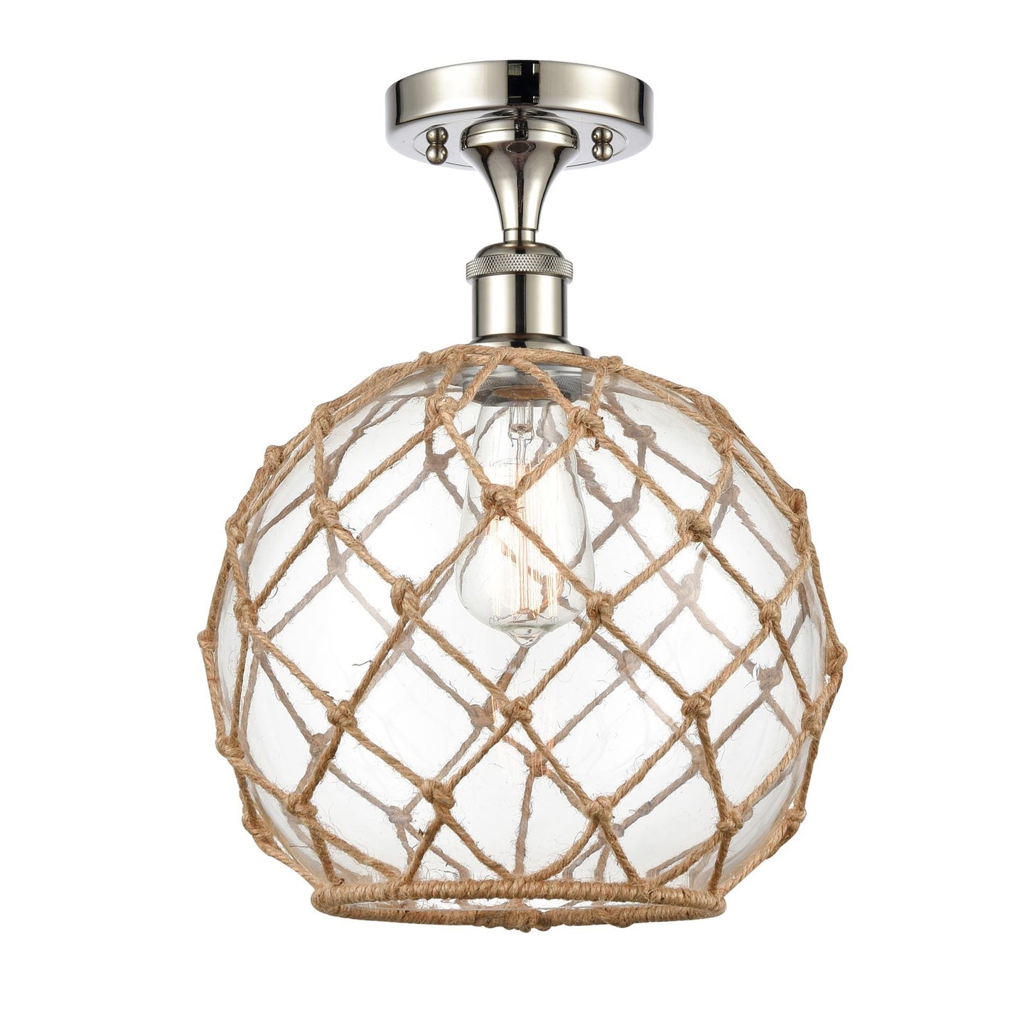 Innovations Farmhouse Rope 10in 1-Light Semi-Flush Mount | Industrial Polished Nickel Steel and Clear Glass with Brown Rope | Model 616-1F-PN-G122-10RB