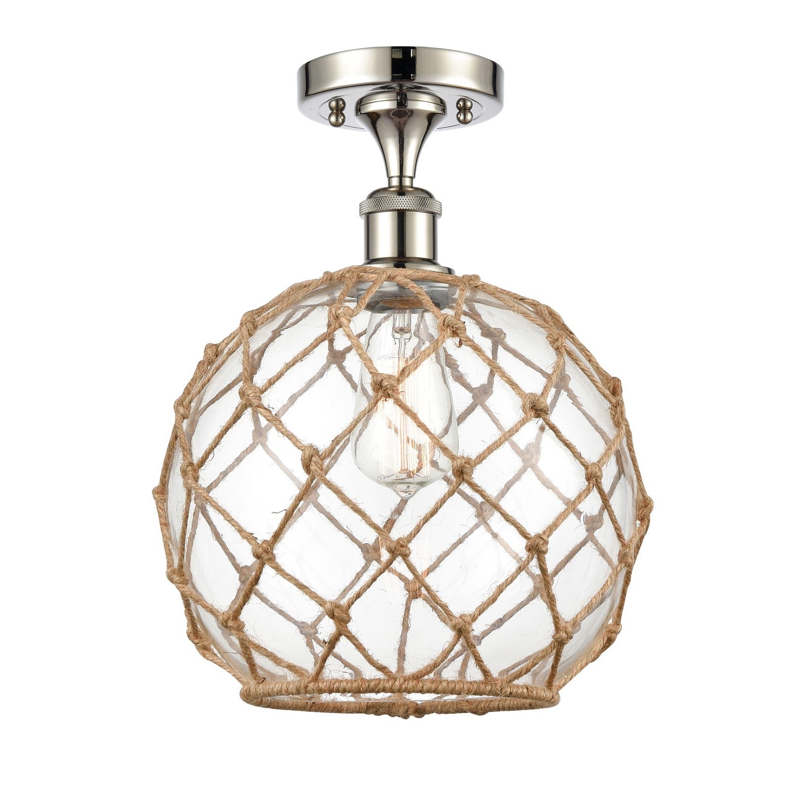 Innovations Farmhouse Rope 10in 1-Light Semi-Flush Mount | Industrial Polished Nickel Steel and Clear Glass with Brown Rope | Model 616-1F-PN-G122-10RB