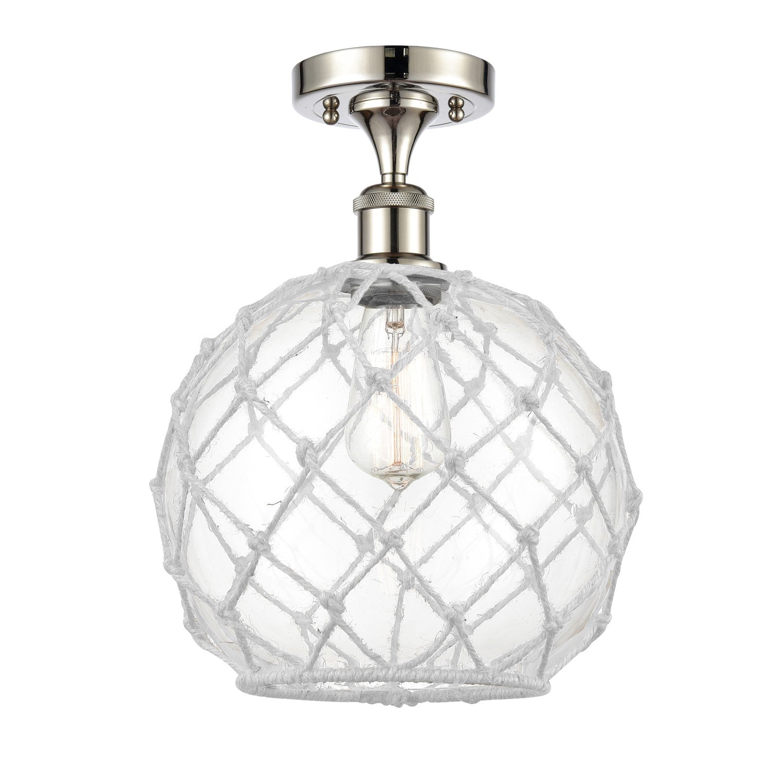 Innovations Farmhouse Rope 10in 1-Light Semi-Flush Mount | Industrial Polished Nickel and Clear Glass with White Rope Shade | Model 616-1F-PN-G122-10RW