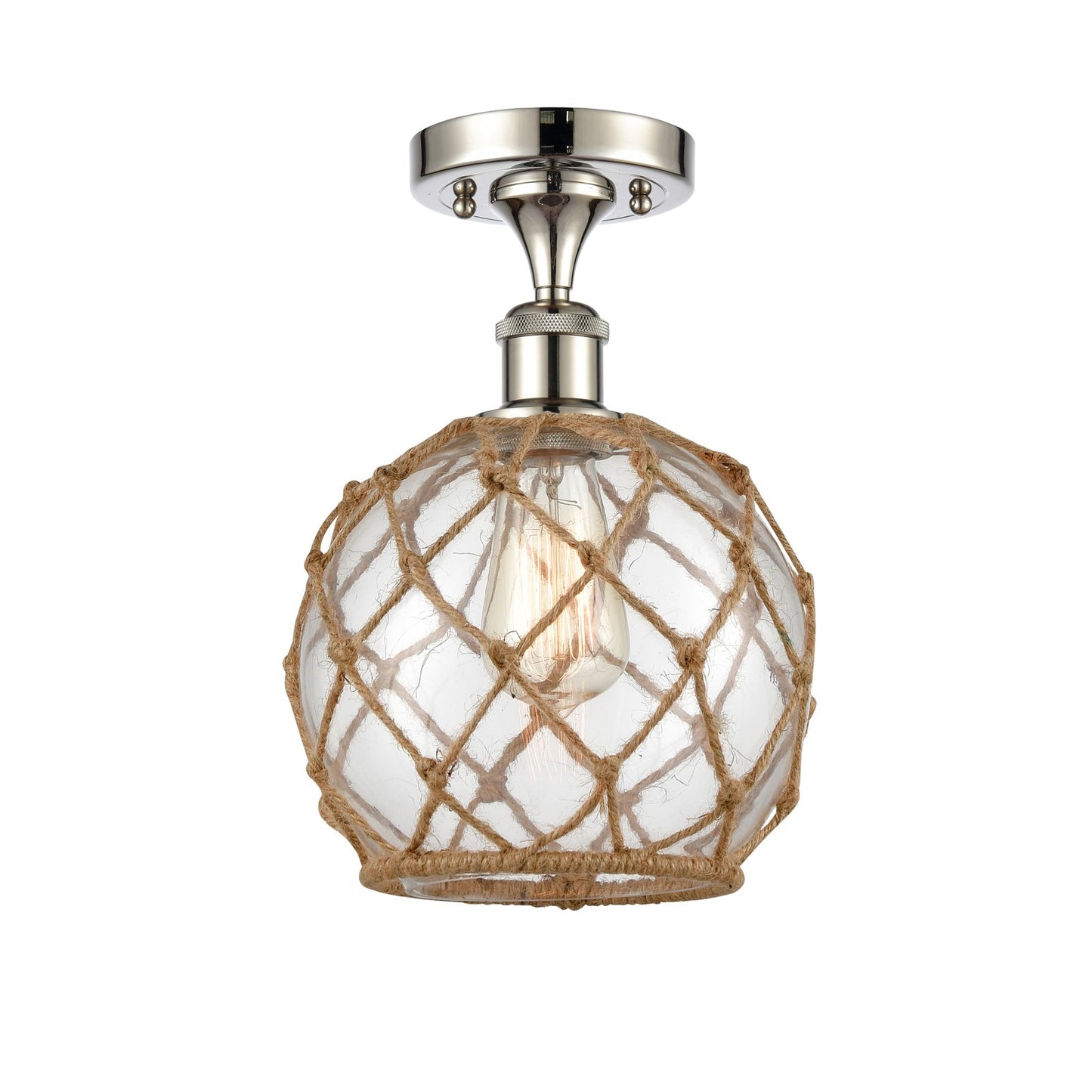 Innovations Farmhouse Rope 8in 1-Light Semi-Flush Mount | Industrial Farmhouse Polished Nickel Steel and Clear Glass with Brown | Model 616-1F-PN-G122-8RB