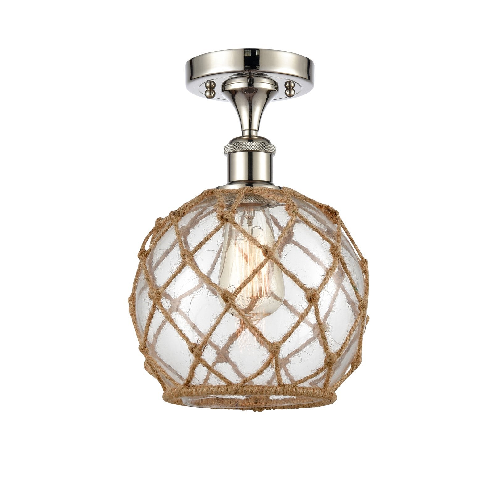 Innovations Farmhouse Rope 8in 1-Light Semi-Flush Mount | Industrial Farmhouse Polished Nickel Steel and Clear Glass with Brown | Model 616-1F-PN-G122-8RB