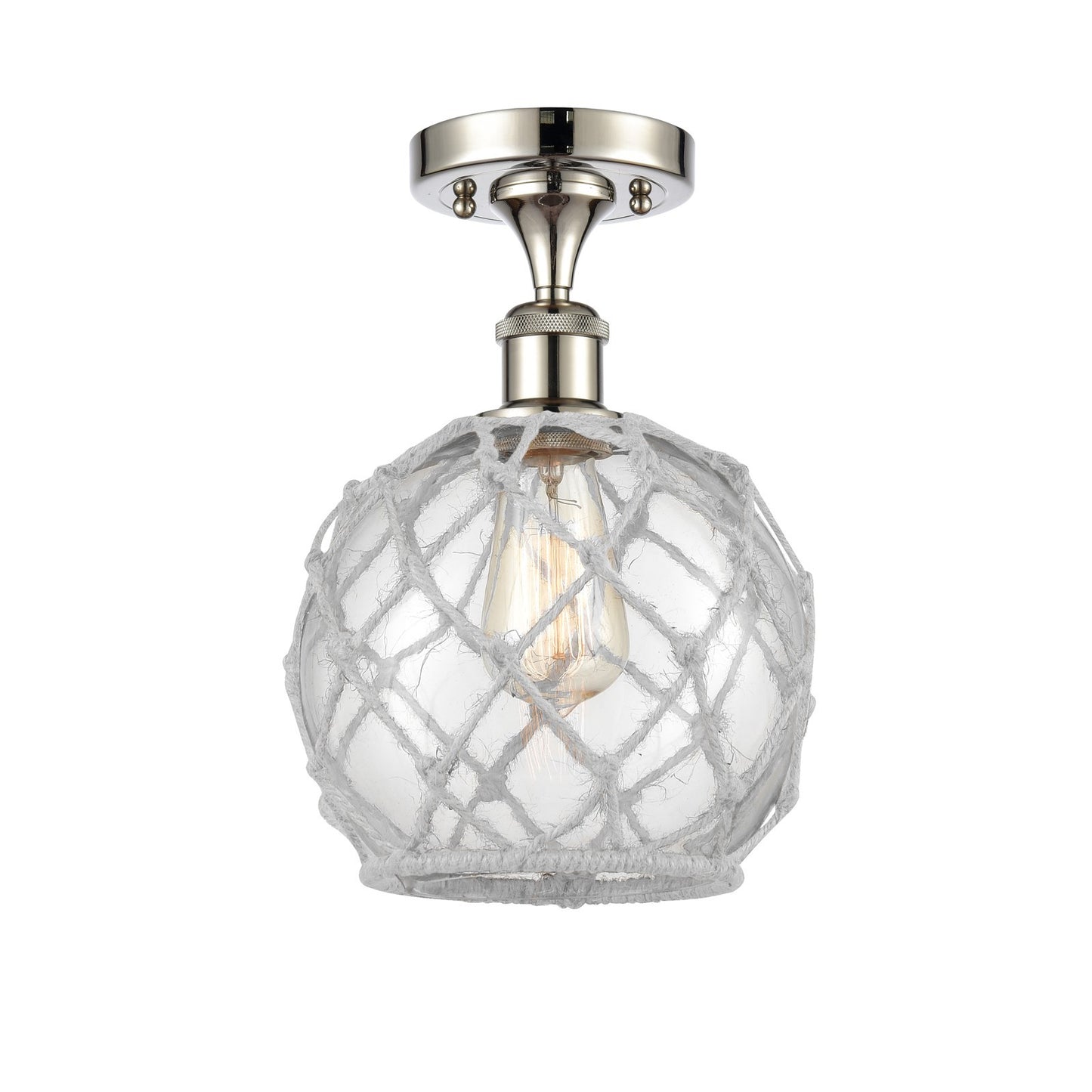 Innovations Farmhouse Rope 8in 1-Light Semi-Flush Mount | Industrial Farmhouse Polished Nickel and Clear Glass with White Rope | Model 616-1F-PN-G122-8RW