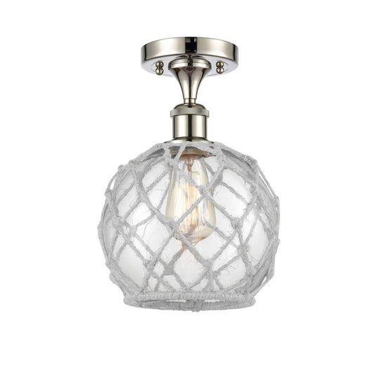 Innovations Farmhouse Rope 8in 1-Light Semi-Flush Mount | Industrial Farmhouse Polished Nickel and Clear Glass with White Rope | Model 616-1F-PN-G122-8RW