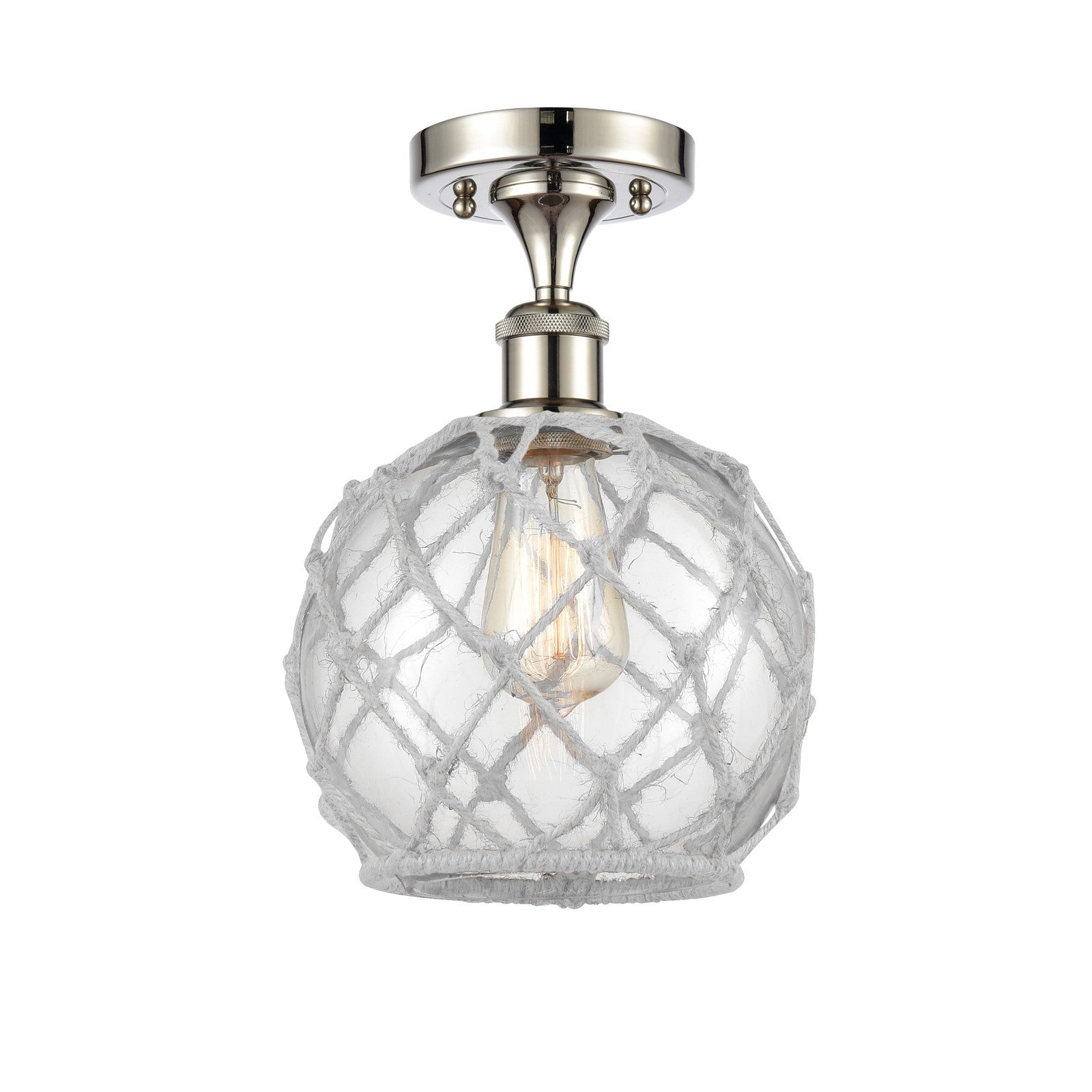 Innovations Farmhouse Rope 8in 1-Light Semi-Flush Mount | Industrial Farmhouse Polished Nickel and Clear Glass with White Rope | Model 616-1F-PN-G122-8RW