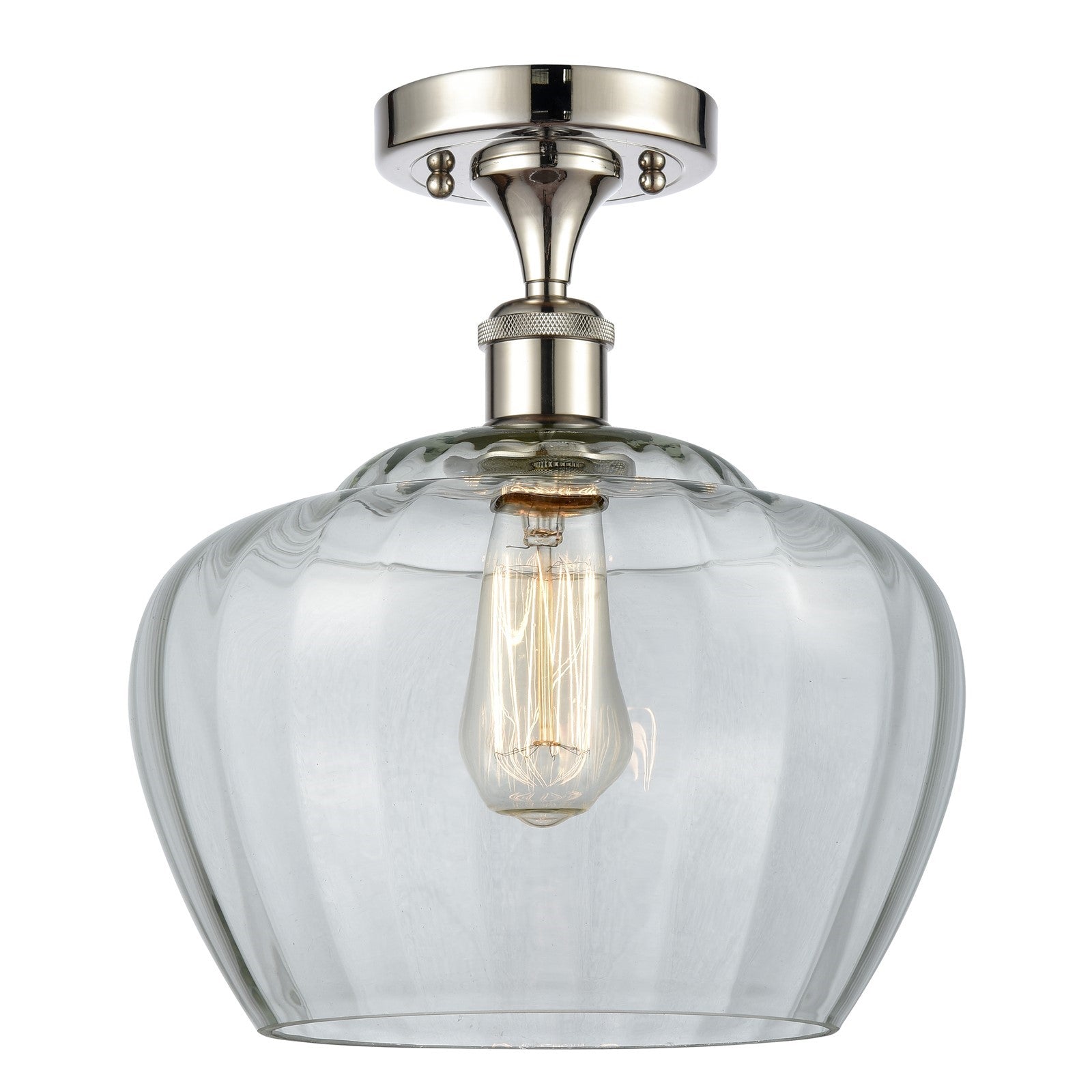 Innovations Fenton 11in 1-Light Semi-Flush Mount | Industrial Polished Nickel Steel and Clear Ribbed Glass | Kitchen & Hallway | Model 616-1F-PN-G92-L