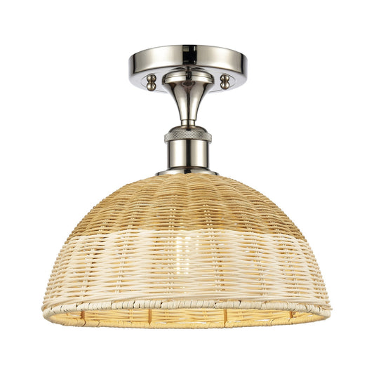 Innovations Bristol Natural II 12in 1-Light Semi-Flush Mount | Industrial Polished Nickel and Natural Fiber Shade | Entryway | Model 616-1F-PN-NBD2-12-NAT