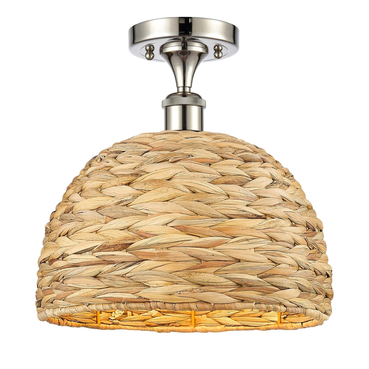 Innovations Woven Rattan 12in 1-Light Semi-Flush Mount | Industrial Polished Nickel and Natural Rattan Shade | Entryway & | Model 616-1F-PN-RBD-12-NAT