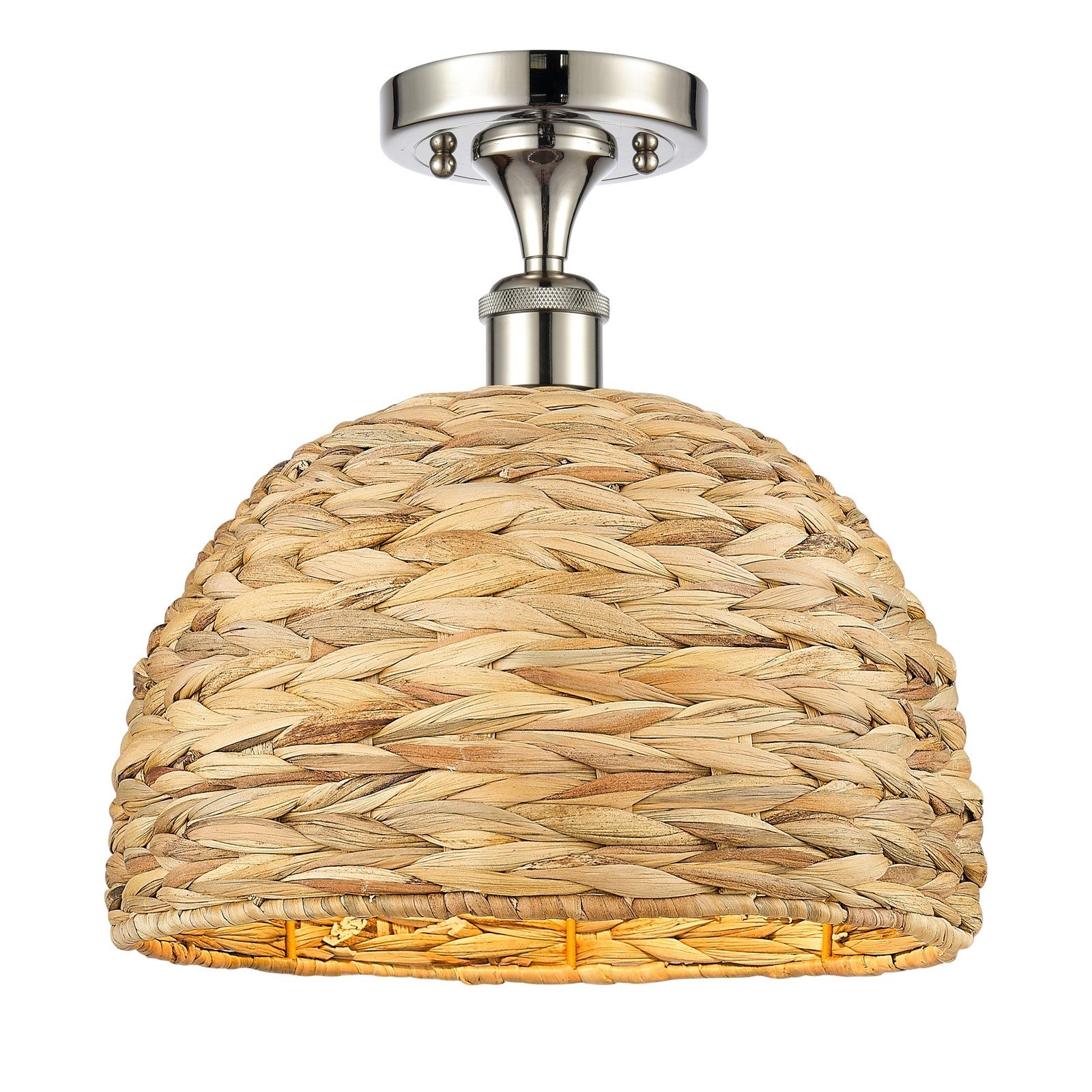 Innovations Woven Rattan 12in 1-Light Semi-Flush Mount | Industrial Polished Nickel and Natural Rattan Shade | Entryway & | Model 616-1F-PN-RBD-12-NAT