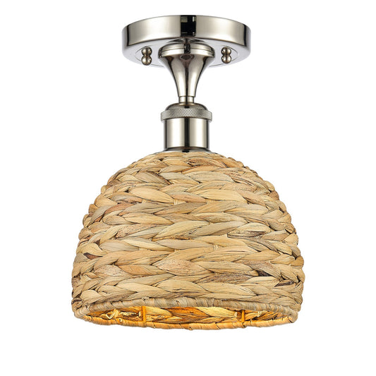 Innovations Woven Rattan 8in 1-Light Semi-Flush Mount | Rustic Polished Nickel Steel and Natural Woven Rattan | Entryway & | Model 616-1F-PN-RBD-8-NAT