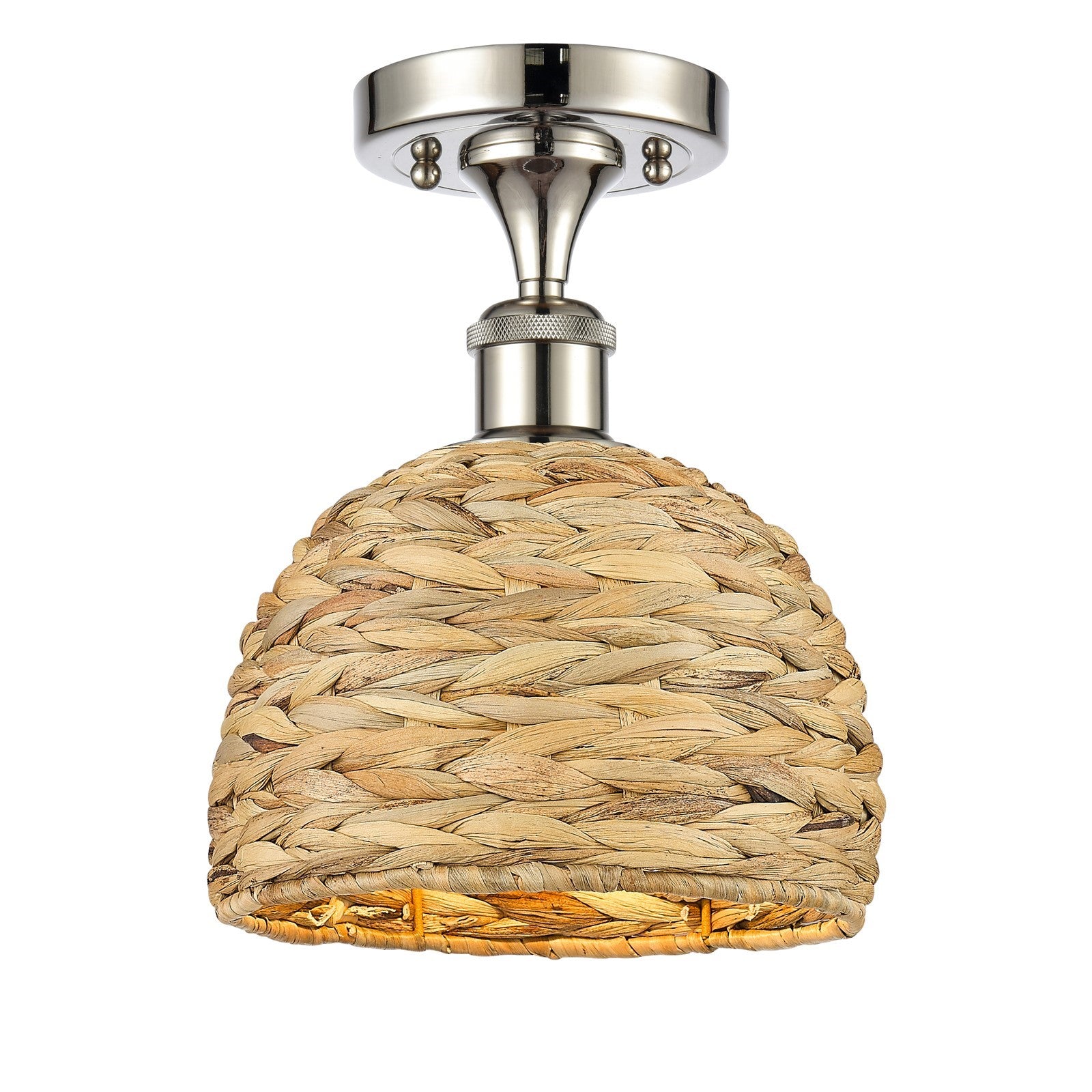 Innovations Woven Rattan 8in 1-Light Semi-Flush Mount | Rustic Polished Nickel Steel and Natural Woven Rattan | Entryway & | Model 616-1F-PN-RBD-8-NAT