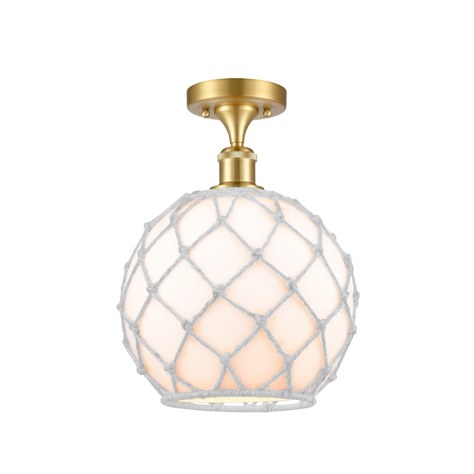 Innovations Farmhouse Rope 10in 1-Light Semi-Flush | Industrial Satin Gold Steel and White Glass with Rope Shade | Damp-Rated | Model 616-1F-SG-G121-10RW