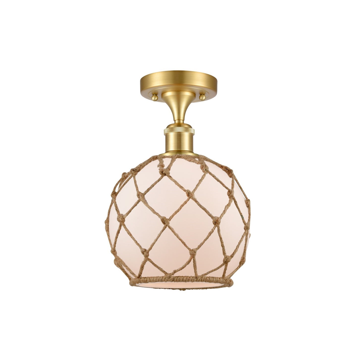 Innovations Farmhouse Rope 8in 1-Light Semi-Flush | Industrial Farmhouse Satin Gold Steel and White Frosted Glass with Brown | Model 616-1F-SG-G121-8RB