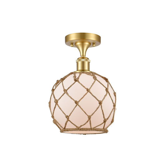 Innovations Farmhouse Rope 8in 1-Light Semi-Flush | Industrial Farmhouse Satin Gold Steel and White Frosted Glass with Brown | Model 616-1F-SG-G121-8RB
