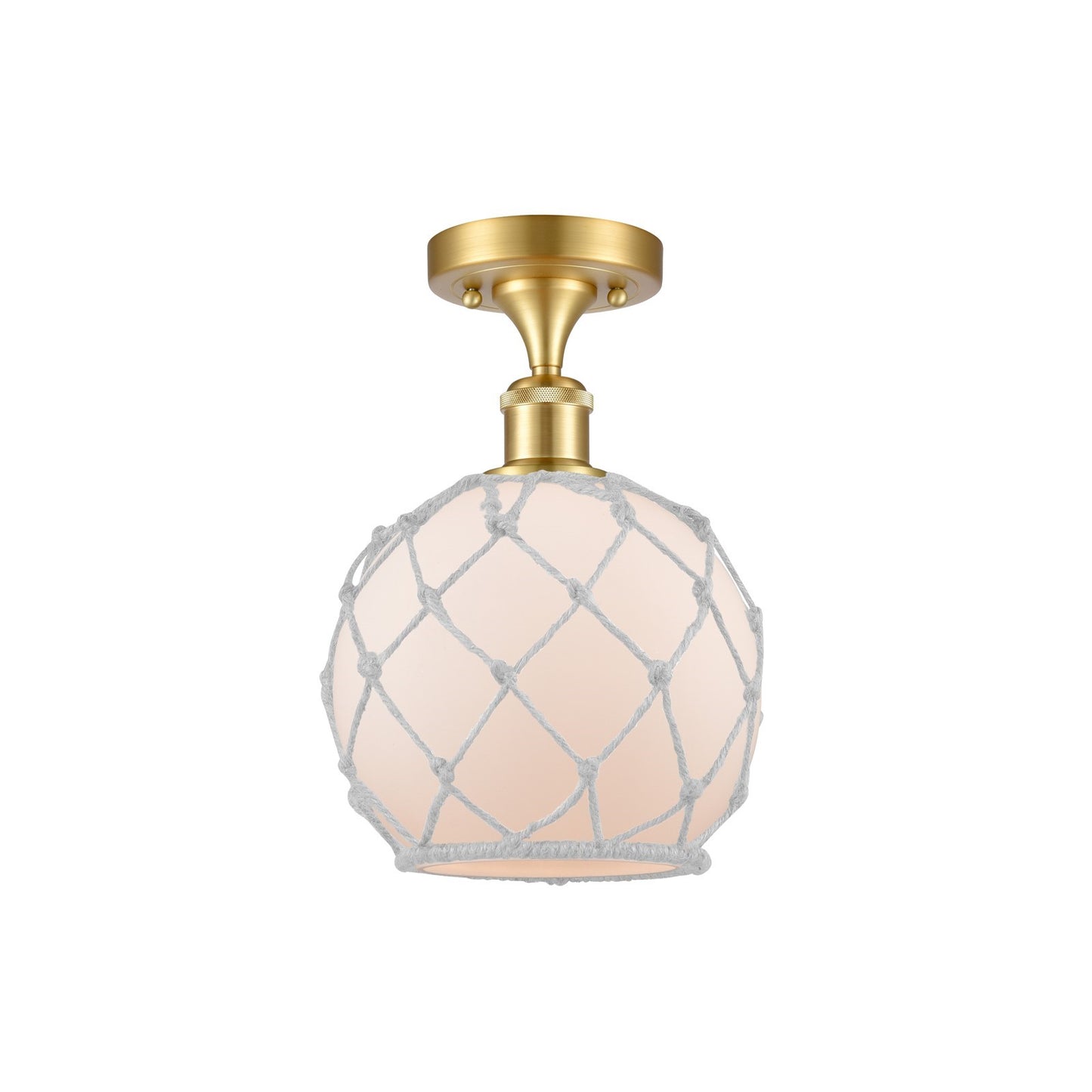 Innovations Farmhouse Rope 8in 1-Light Semi-Flush | Industrial Satin Gold Steel and Cast Brass with White Frosted Glass and | Model 616-1F-SG-G121-8RW